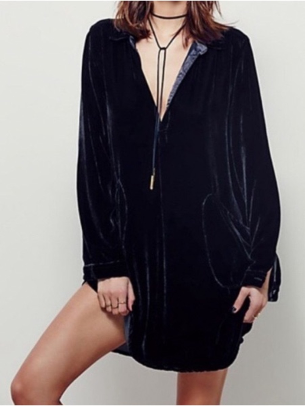 Free People x CP Shades She's Got It Navy Blue Velvet Tunic Shirt/Dress, Large